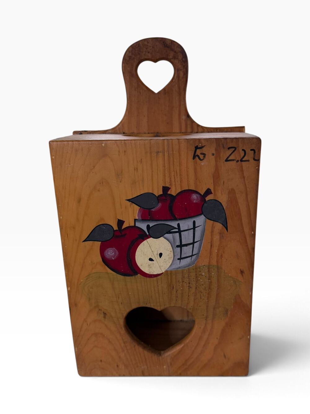 Vintage Wood Apple Storage Box Heart Cutouts Primitive Country Kitchen